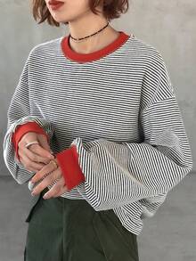 FRIFUL 女士圆领条纹休闲百搭日常穿搭T恤 - 紅色 - 查看 2