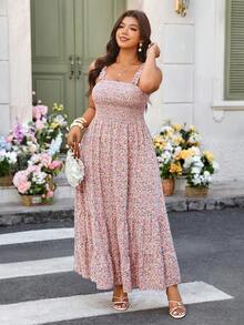 Breezaya Robe longue sans bretelles à volants et taille cintrée avec imprimé floral pour femmes grandes tailles. Convient pour les festivals de musique, les rassemblements de la fête des mères, les fêtes, les mariages, les vacances bohèmes, le port quotidien au Moyen-Orient, le printemps/été - Rose bonbon - Voir 3