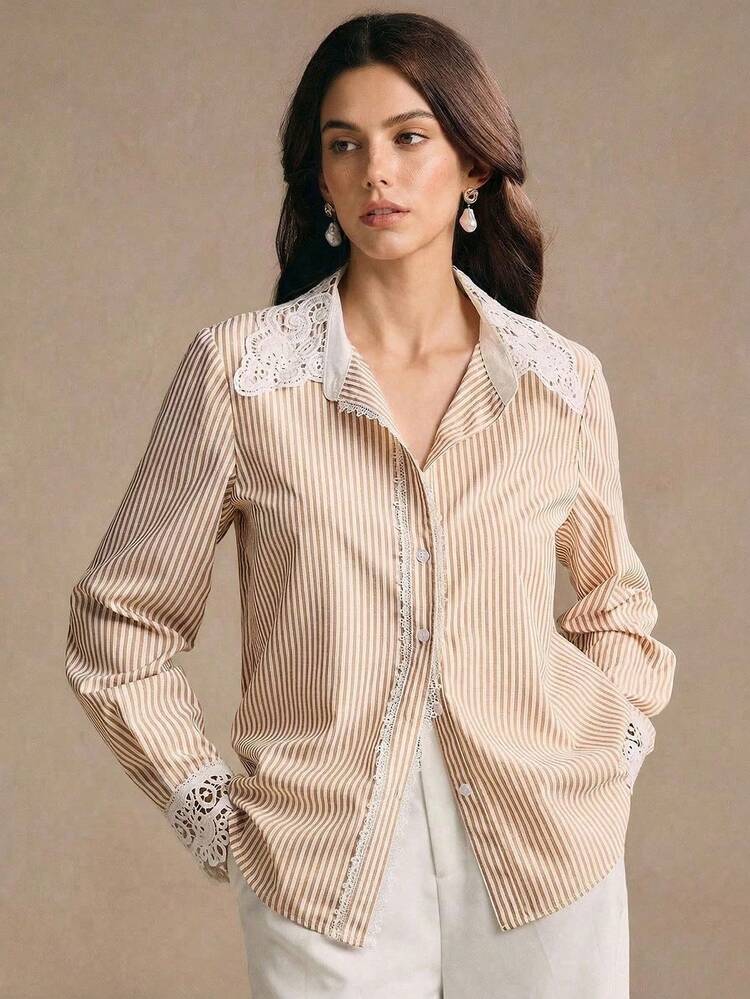Women's Spring/Summer Elegant Striped Patchwork Lace Trim Decorative Water-Soluble Flower Collar Long Sleeve Blouse