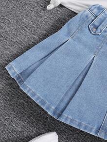 SHEIN Young Girl's Casual Pleated Denim Skirt, Summer - Light Wash - View 3