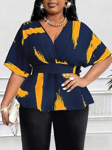 Plus Size Women's Casual Black & White Printed Shirred Raglan Sleeve Shirt, Stylish Design For Spring/Summer - Multicolor - View 3