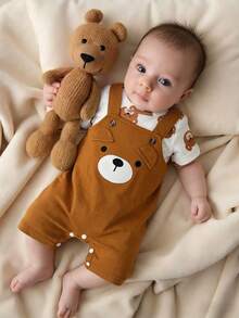 SHEIN 2pcs Newborn Summer Cute Brown And White Polka Dot Set Cartoon Teddy Bear Knitted Fabric Adjustable Straps Family Matching Outfits For Baby Parties - Brown - View 1