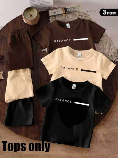 3pcs Infant Boys' Casual Stylish Creative Letter & Graphic Print Short Sleeve T-Shirt Set, Coffee Brown, Beige, Black, Comfortable Daily Wear, Suitable For Spring, Summer, Autumn