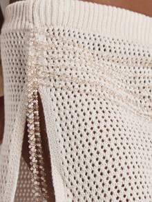 MUSERA Crochet Knit Low Rise Pearl Beaded Belted Mini Skirt Spring Summer Elegant Vacation Holiday Ibiza Club Occasion Sexy Seashell Shores - Beige - View 6