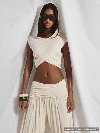 MUSERA Draped Ruched Cross Over Hooded Top Coord Top Only Cute Holiday Sexy Night Out Vacation Spring Summer Elegant Soleil Drape