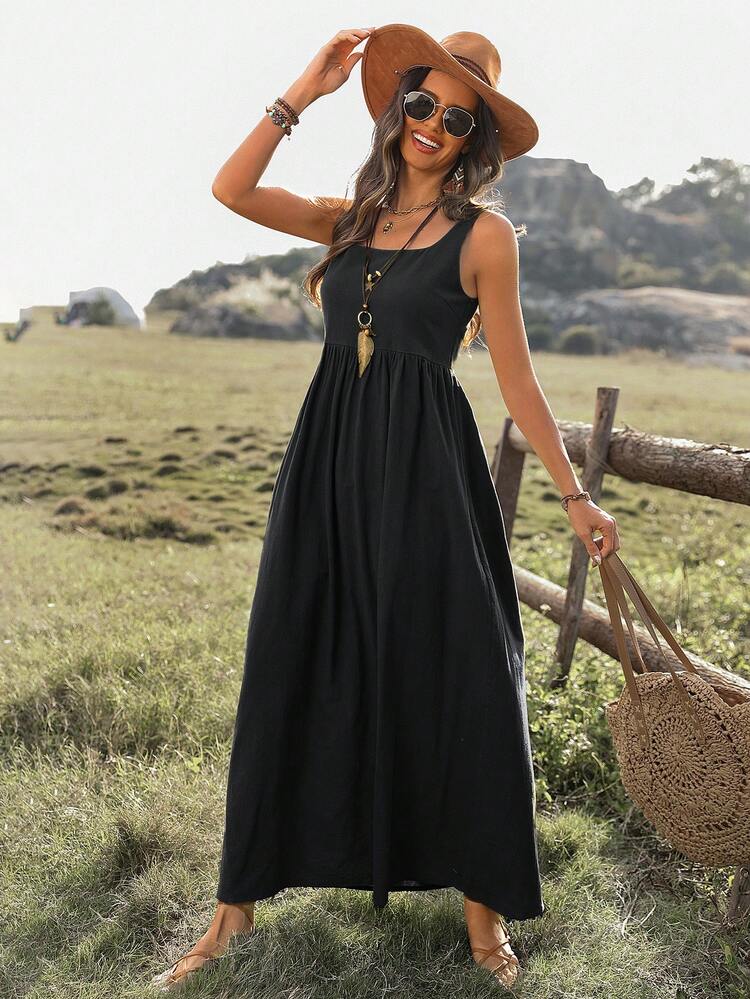 Wandoria Women's Sleeveless Square Neck Casual Maxi Dress,Black