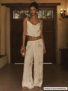 MUSERA Beaded Embellished Wide Leg Flowy Trousers Coord Bottoms Only Spring Summer Going Out Night Out Occasion Holiday Sexy Cute Embellished - Cream - View 3