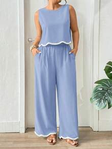 Lounesse 大码休闲无袖上衣和裤子两件套 - 淺藍色 - 查看 3