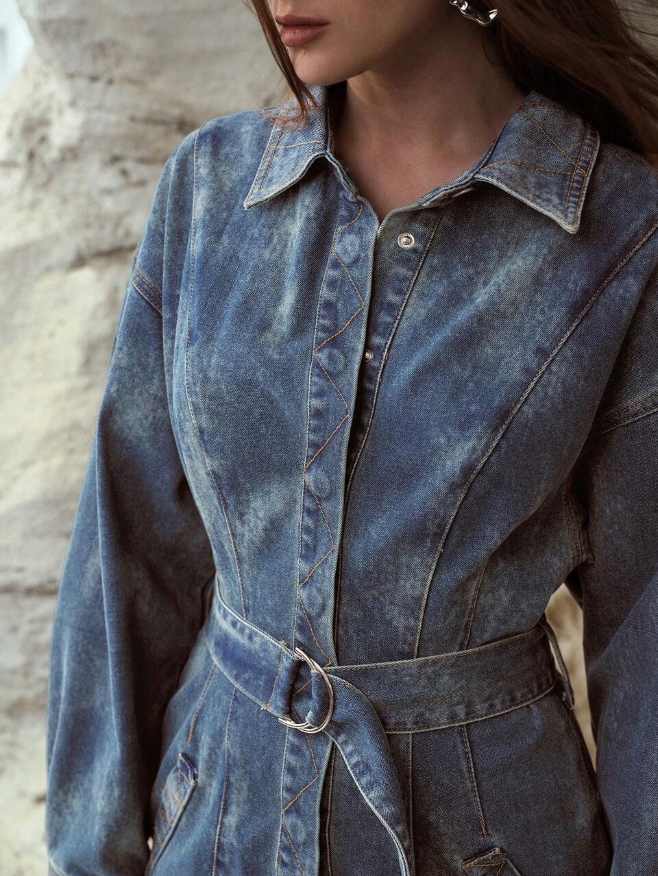 MOTF WOMEN'S WASHED BUTTON HALF-PLACKET D-RING BELTED DENIM DRESS