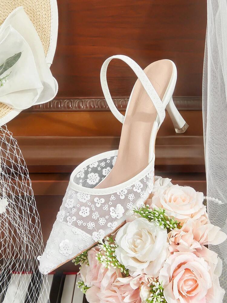 CUCCOO HITCHD Spring And Autumn New Products White Thin Heel Pointed Mesh Sequins Fashion Women's High Heel Shoes