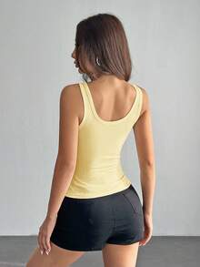 SHEIN PETITE Casual All-Match White Cami Top With Deep U-Neck And Racerback,Summer Top - Light Yellow - View 3