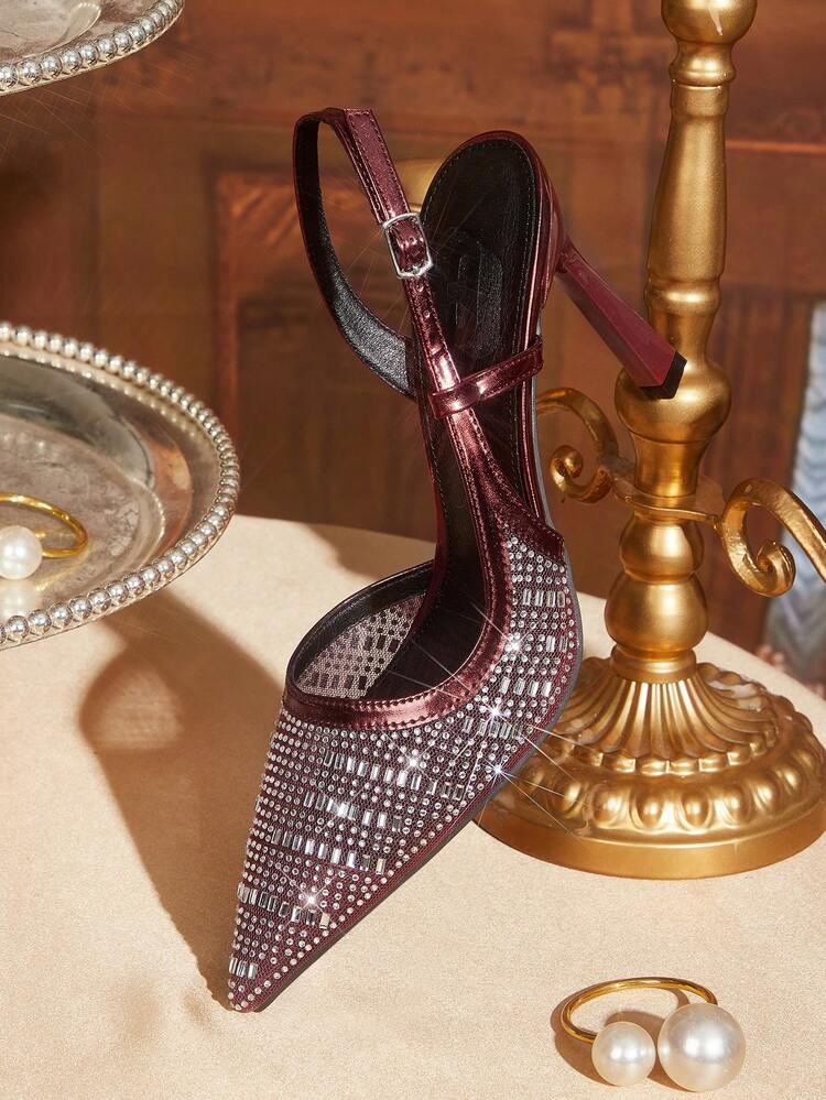 CUCCOO TILAWA Women's Pointed Toe High Heel Shoes, Rhinestone Decor Mesh Material, Fashion Comfortable For Daily, Party, Banquet, Slip-On Buckle Strap Backless Pumps
