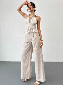 Firerie 女士优雅简约通勤日常条纹高腰上衣，适合约会、通勤等场合。 - 酒紅色 - 查看 5