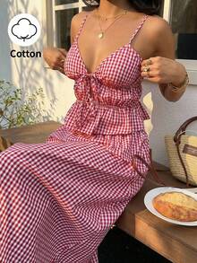 Sunnyshic Red Plaid V-Neck Tie-Front Ruffle Hem Camisole And Low-Waist A-Line Maxi Skirt 2-Piece Set, Women Spring/Summer Vacation Beach Bohemian Minimalist Casual Everyday Versatile - Red - View 1