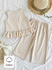 Vintaside Kids 2件套女婴休闲可爱蝴蝶结无袖上衣和裤子套装 - 卡其色 - 查看 2