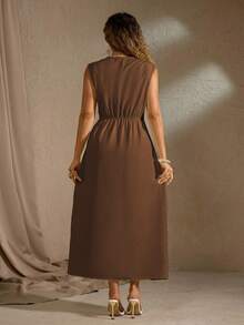 Roveilla Zanzea  Summer Plus Size Chocolate Brown Autumn Elegant Dinner Maxi Dress,Round Neck Waist Gathered Metal Decor Side Slit Sleeveless Office Midi Dress - Brown - View 2