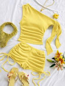 Soleia 春夏新款休闲度假西部海滩婚礼宾客着装毕业早午餐圣帕特里克节春假复活节音乐节优雅波西米亚热带风情针织绿色不对称肩部系带抽绳单肩两件套女装 - 黃色 - 查看 6