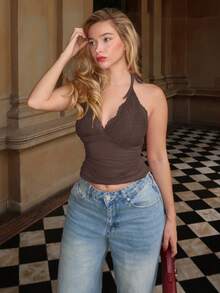 Turnttoni Contrast Lace Halter Top - Chocolate Brown - View 5