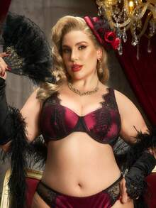 PinupPomp 1pc Plus Size Women Lace Satin Shiny Underwire Bra - Burgundy - View 1