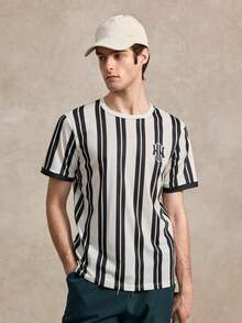 Courvante 男士竖条纹圆领字母印花休闲百搭通勤短袖T恤 - 黑色 - 查看 7
