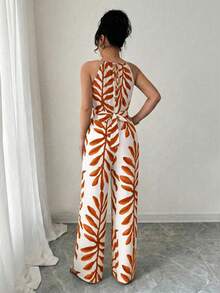 Elenzga petite Bộ jumpsuit nữ thanh lịch, thoải mái, màu be chủ đạo phối họa tiết nâu, chất liệu vải lanh, cổ yếm, đính hạt cườm và thắt nơ ở eo, thích hợp cho mùa xuân/hè. - trái cam - Xem 2