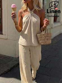 Aloruh 女士夏季休闲纯色露背吊带上衣和裤子两件套 - 彩色 - 查看 8