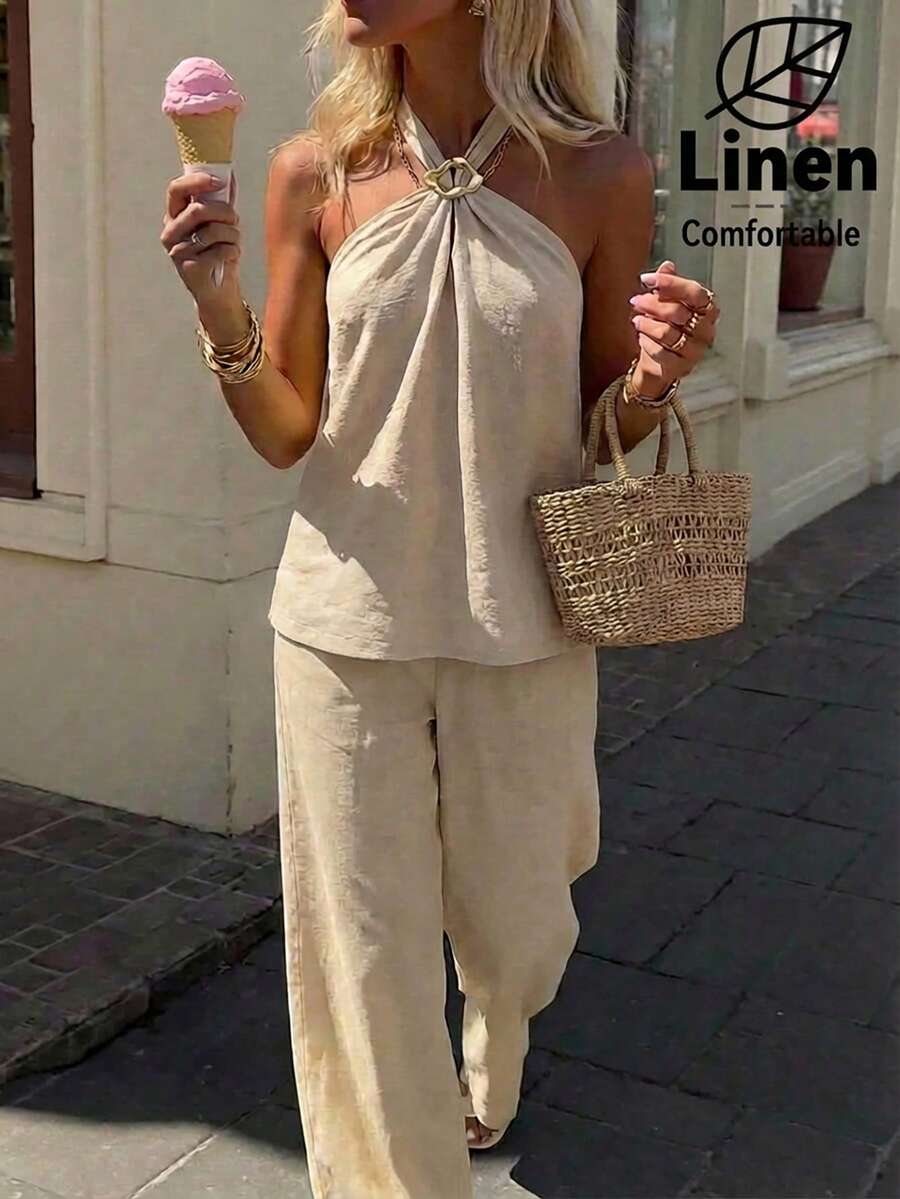 Aloruh 女士夏季休闲纯色露背吊带上衣和裤子两件套 - 彩色 - 查看 1