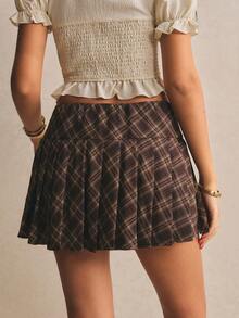 Poéselle Shorts plissados xadrez femininos da moda para o verão - Castanho - Ver 4