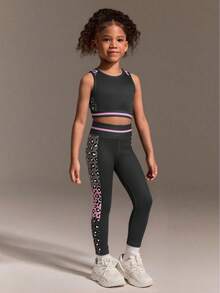 SHEIN 2pcs/Set Young Girls Leopard Print Yoga Matching Sets, Stretchy Camisole And Sports Pants, Skin-Friendly Fitness Outfit, Back To School Sets - Multicolor - View 4