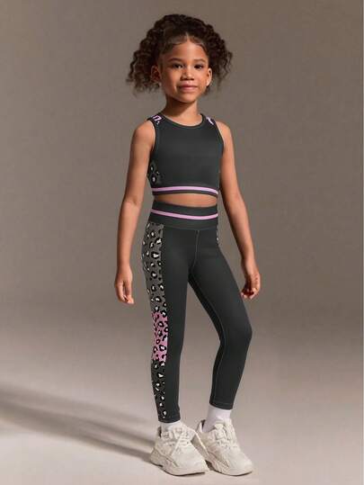SHEIN 2pcs/Set Young Girls Leopard Print Yoga Matching Sets, Stretchy Camisole And Sports Pants, Skin-Friendly Fitness Outfit, Back To School Sets