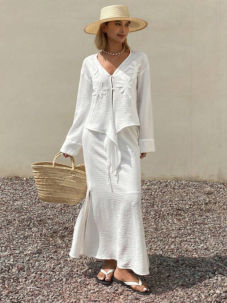 Women's V-Neck Long Sleeve Floral Decor Cardigan And Long Skirt Elegant Vacation Style 2-Piece Set