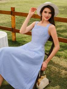Vestido amarillo elegante vintage retro para mujer con bolsillos y botones,estilo casual de los 90 para primavera,verano,picnic,playa y vacaciones - Azul y blanco - Ver 11