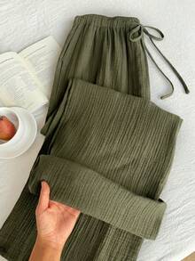 Comfortcana 夏季纯色褶皱纹理面料宽松抽绳腰带休闲度假阔腿裤，大码 - 軍綠色 - 查看 4