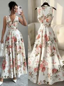 Elenzga Đầm nữ không tay cổ chữ V xếp ly họa tiết hoa nhí, thiết kế lãng mạn kiểu Pháp, thắt eo, tôn dáng, đa năng cho hẹn hò, dự tiệc, phối đồ nhiều lớp, mùa xuân/thu. - Nhiều màu - Xem 2