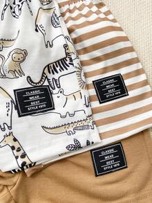Playful Pals 6pcs/Set Newborn Baby Boy Basic Round Neck Elastic Waist Cute Animal Print & Striped Short Sleeve T-Shirt And Shorts Set, Summer - Khaki - View 5