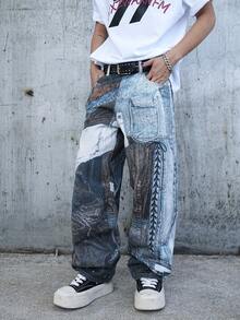 Manfinity EMRG 男士牛仔印花阔腿裤 - 彩色 - 查看 3