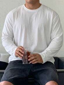 DAZY Plus Size Men's Solid White Long Sleeve T-Shirt, Spring - White - View 3