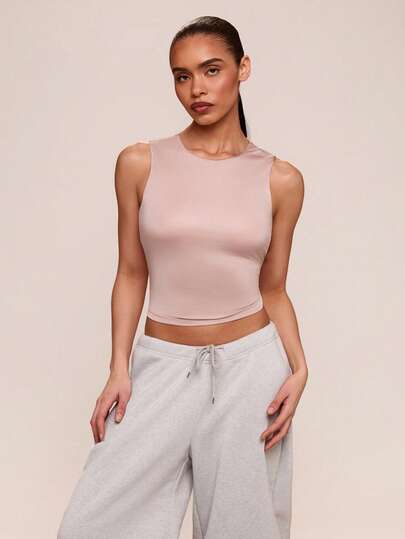 SHEIN BAE 女士简约纯色圆领紧身短款运动背心，夏季