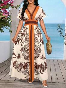 SHEIN Lady White Animal Print Boho Summer Holiday Dresses For Women,Elegant Floral V Neck Vacation Casual Long Dress,Beach Sundresses,Cruise Beachwear Outfits - Multicolor - View 7