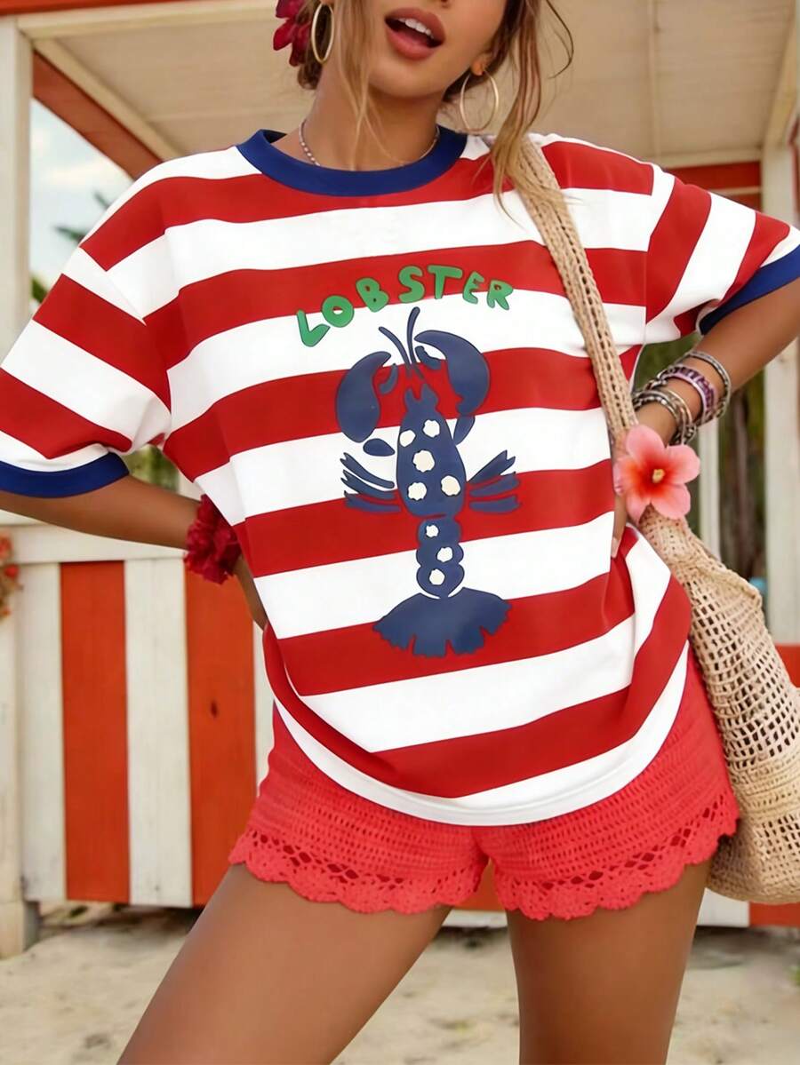 INAWLY Áo thun nữ tay ngắn cổ tròn in họa tiết phối màu tương phản - Nhiều màu - Xem 1