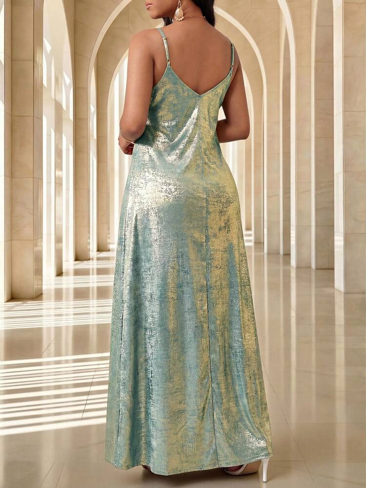 shein gold dress plus size Women's Plus Size V-Neck Gold Flare Sleeve Evening Dress