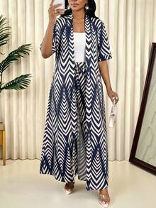 SHEIN Lady 女士夏季度假印花短袖衬衫和阔腿裤两件套 - 藏蓝色 - 查看 3