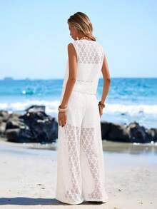 Sylviya Set casual da donna con top a collo tondo e pantaloni a gamba ampia, adatto per abbigliamento estivo quotidiano, outfit primaverili da donna, outfit da spiaggia per donne, outfit da vacanza, outfit casual da donna, set casual da donna, pantaloni bianchi per outfit da crociera, set da donna a due pezzi, coprire abiti bianchi da donna per la spiaggia, outfit da spiaggia da donna, abito copricostume all'uncinetto - Bianco - Visualizzare 3