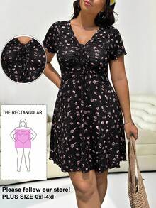 Đầm casual cỡ lớn cổ chữ V tay ngắn thắt nơ phía trước họa tiết hoa nhí dành cho nữ - Nhiều màu - Xem 1