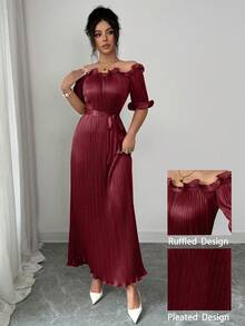 Modelyn Gaun Lengan Pendek Warna Champagne dengan Hiasan Rumbai di Bahu, Elegan untuk Wanita - Burgundy - View 5
