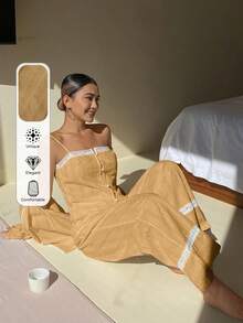 DAZY 3件套度假风波点纹理面料女士睡衣套装，适合春夏穿着 - 卡其色 - 查看 4