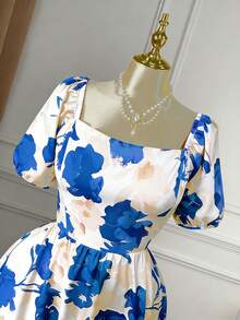 Rometta Plus Size Women's Elegant Floral Print Square Neck Puff Sleeve Backless Cinched Waist Maxi Dress, Vacation Style - Royal Blue - View 6