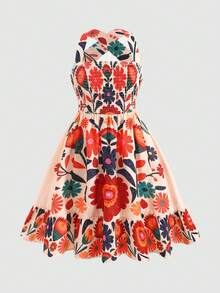 SHEIN Tween Girls Woven Tropical Plant Print Back Cross Bow Decor Shirred Waist Dress Tween Girl - Multicolor - View 2