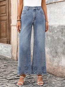 Breezaya 女士休闲日常水洗镂空刺绣喇叭牛仔裤 - 藍色 - 查看 1