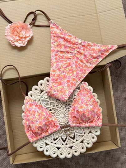 Swim Mod Women's Ditsy Floral Bikini, Sweet & Cute, Suitable For Photo Shooting, Spa Resort, Countryside Style, Pink Tone, Beach, Sunbathing, Pool, With Metal Sun Accessory, Mermaid Scale Garden